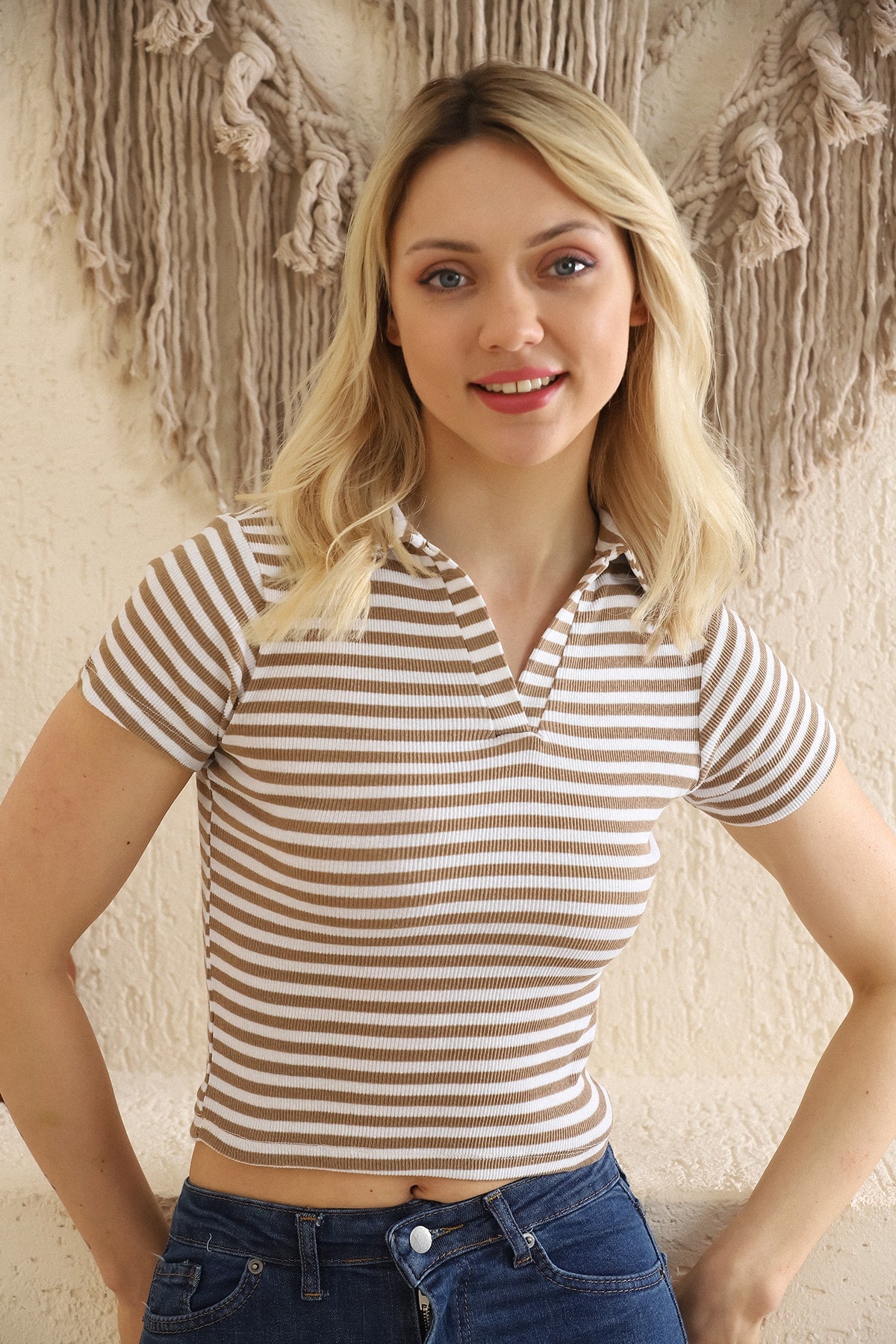 Polo Yaka Çizgili Fitilli Crop Body