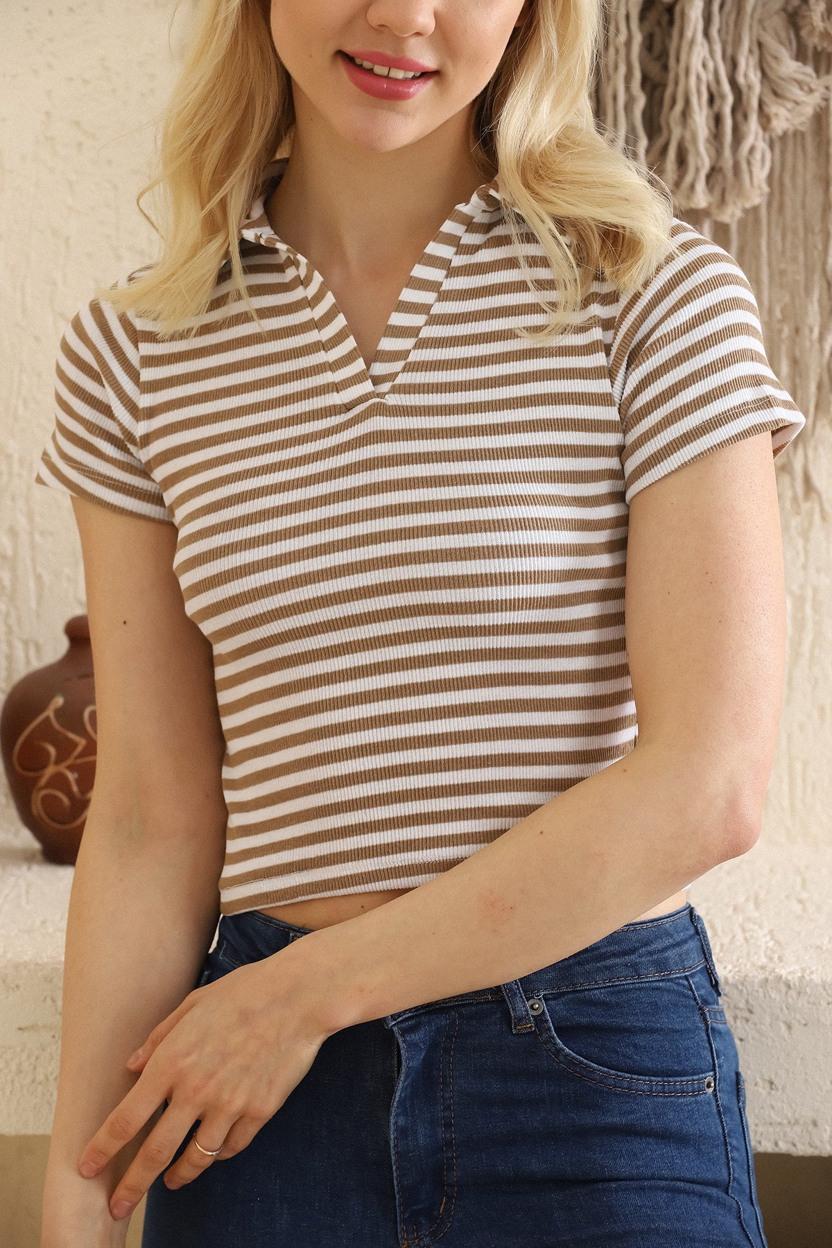 Polo Yaka Çizgili Fitilli Crop Body