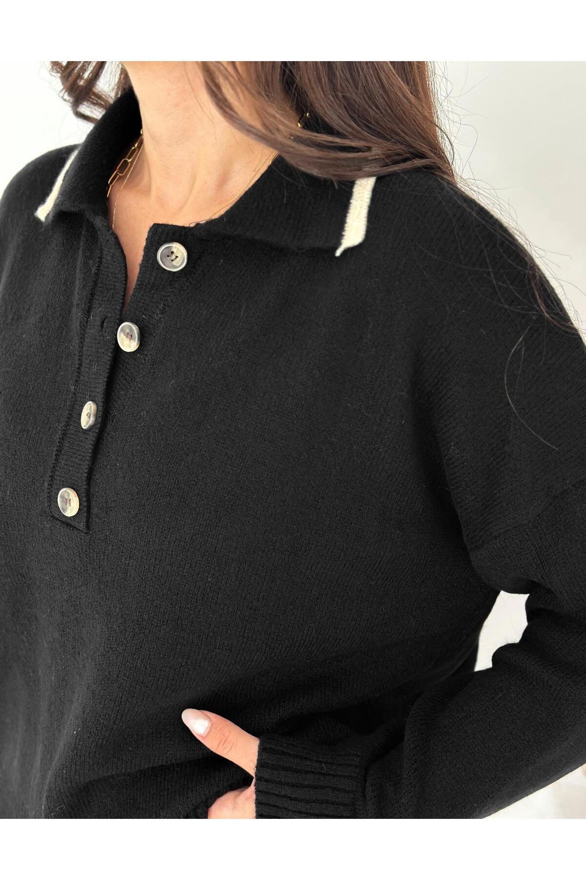 Polo Yaka Düğmeli Yumuşak Dokulu Triko Kazak