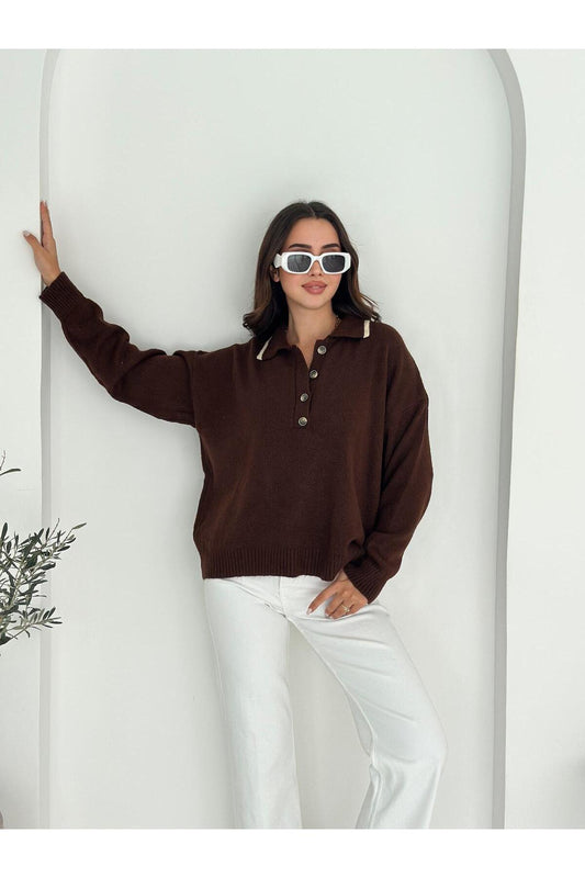 Polo Yaka Düğmeli Yumuşak Dokulu Triko Kazak