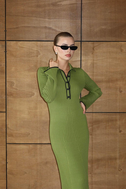 Polo Yaka Fitilli Maxi Triko Elbise