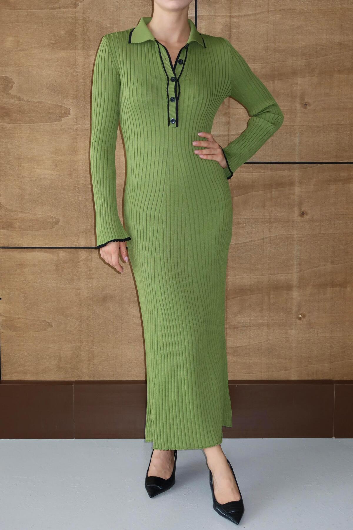 Polo Yaka Fitilli Maxi Triko Elbise