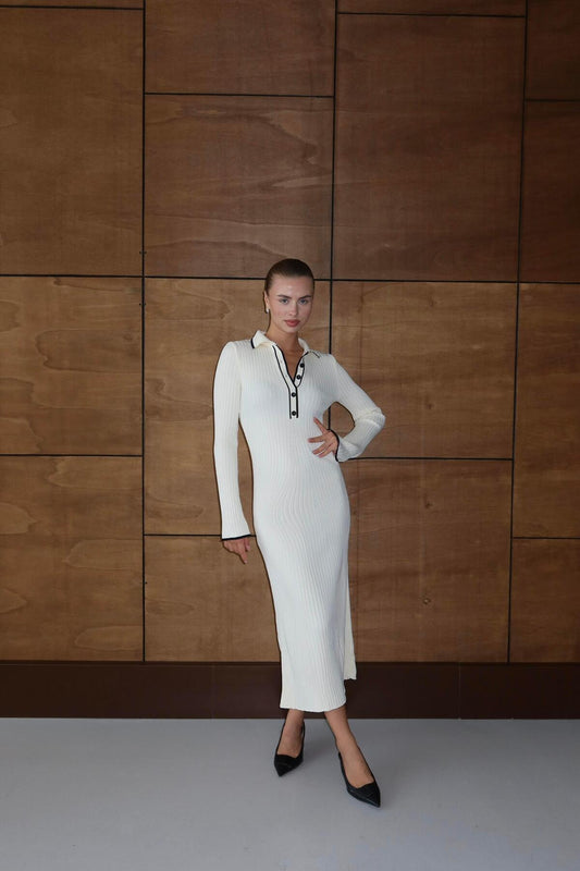 Polo Yaka Fitilli Maxi Triko Elbise