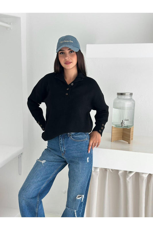 Polo Yaka Yarım Pat Kol Düğme Detay Triko Kazak