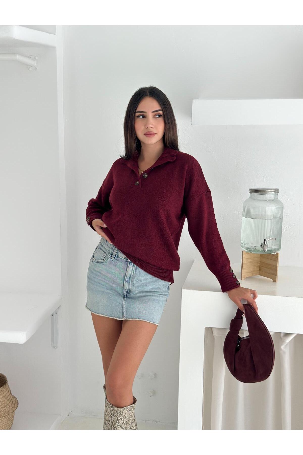 Polo Yaka Yarım Pat Kol Düğme Detay Triko Kazak