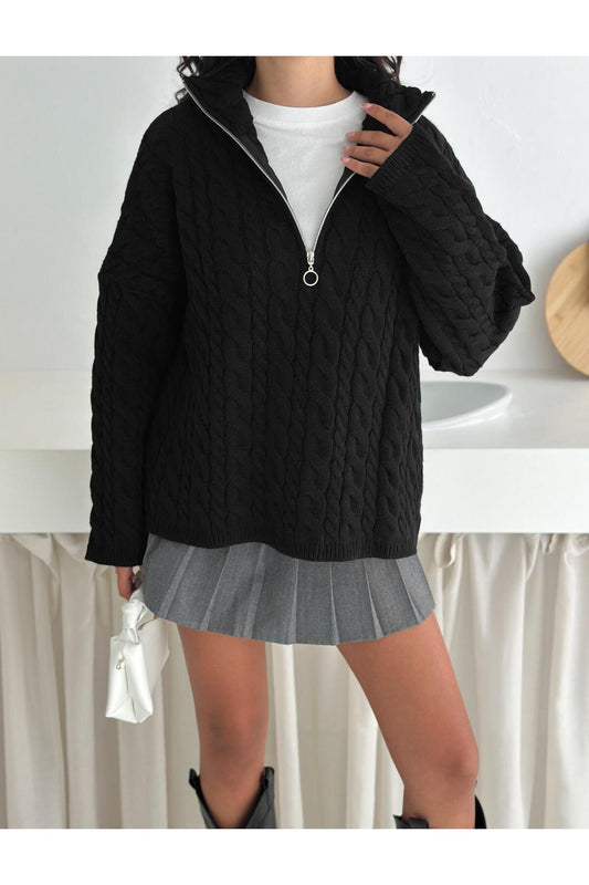 Saç Örgü Desenli Yarım Fermuarlı Dik Yaka Triko Kazak