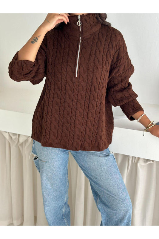 Saç Örgü Desenli Yarım Fermuarlı Dik Yaka Triko Kazak