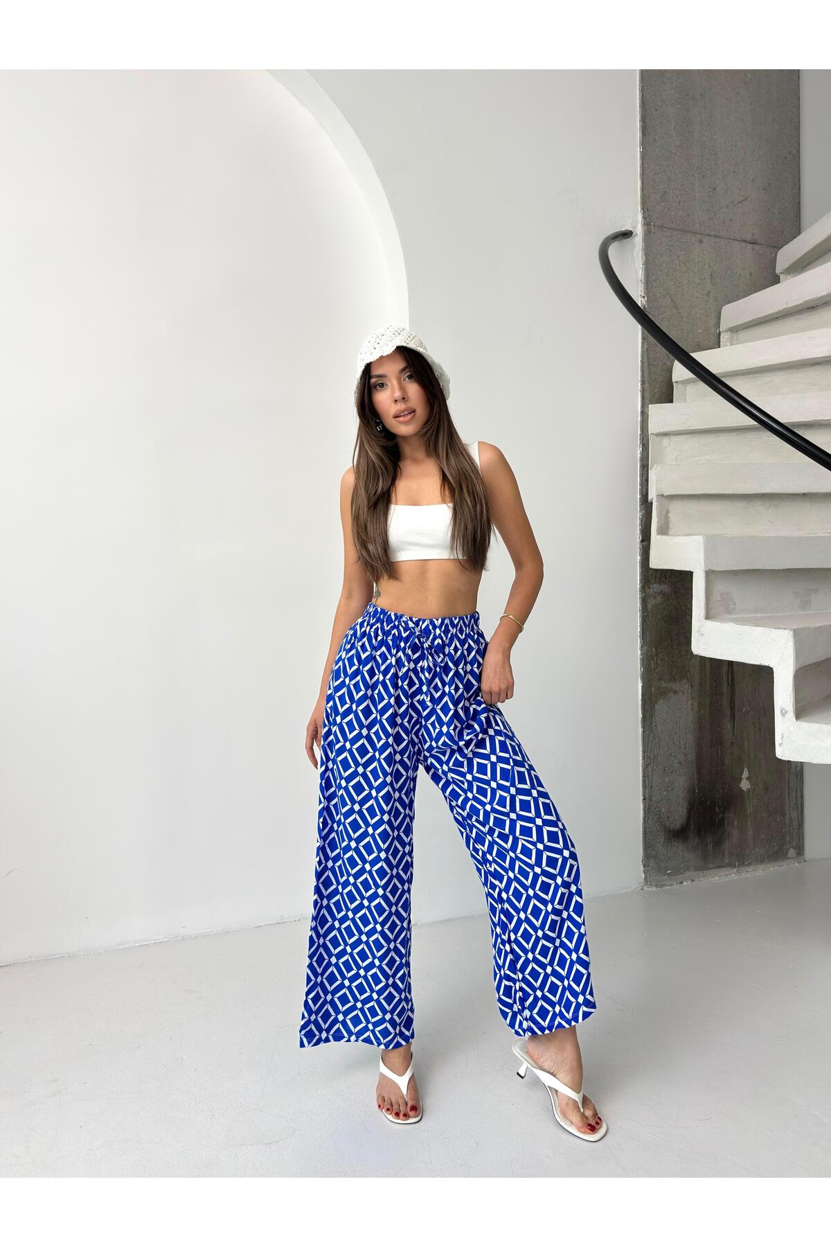 Saks Mavi Geometrik Desenli Bol Paça Pantolon