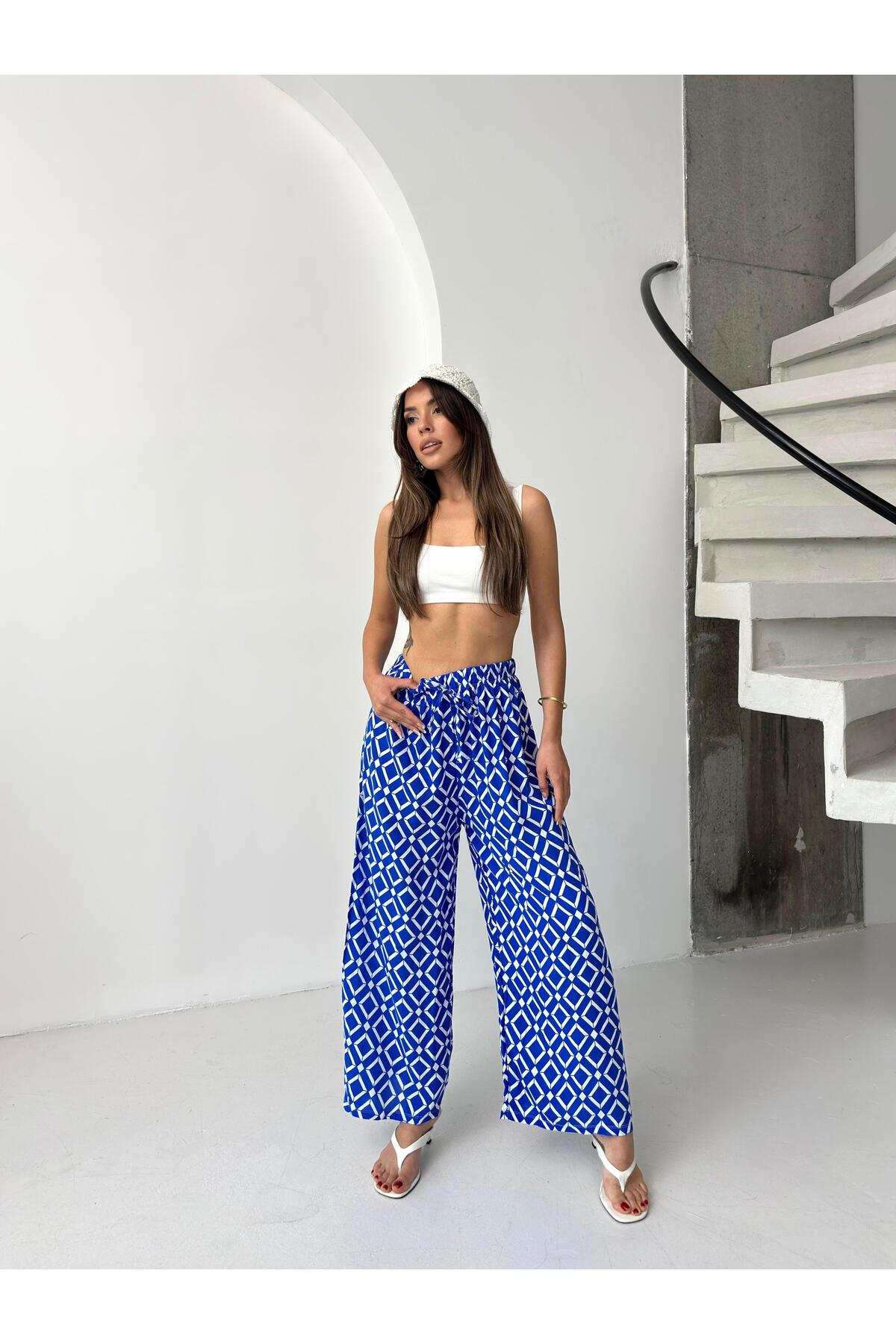 Saks Mavi Geometrik Desenli Bol Paça Pantolon
