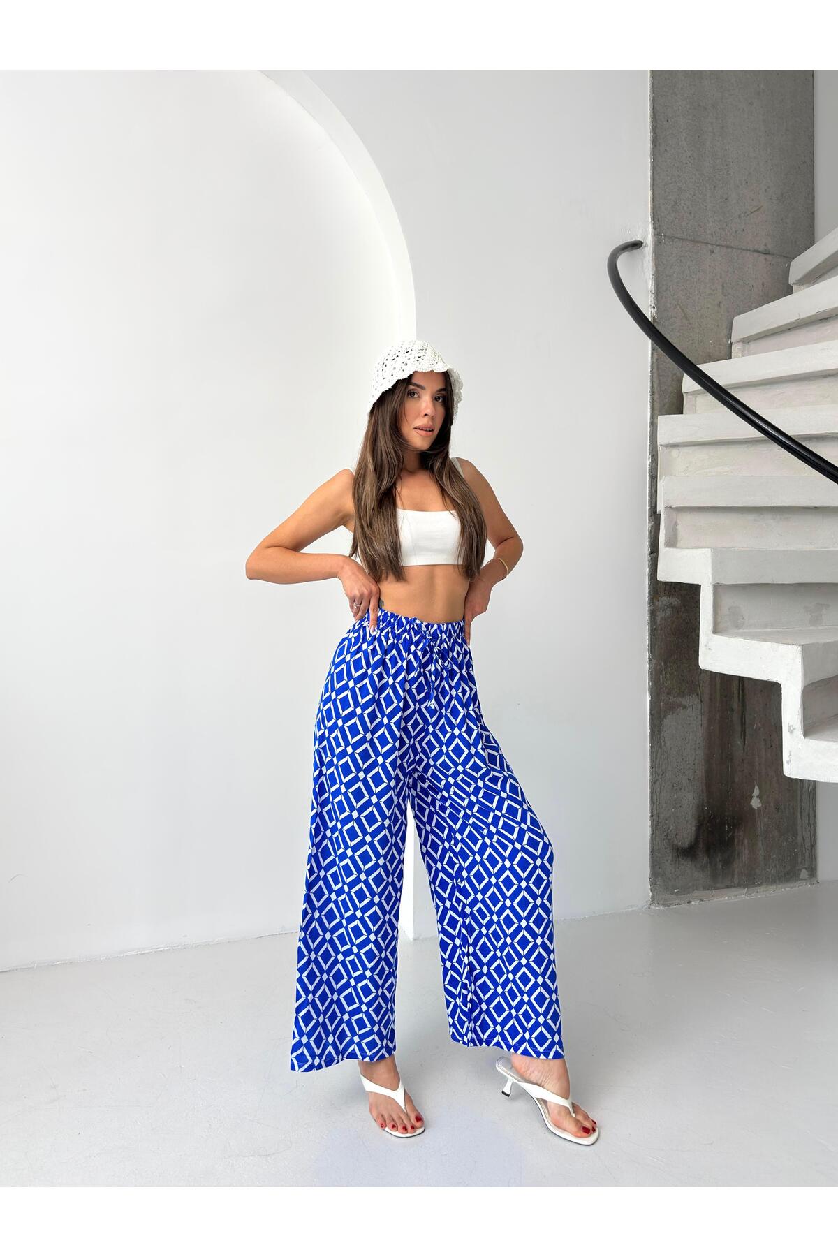 Saks Mavi Geometrik Desenli Bol Paça Pantolon