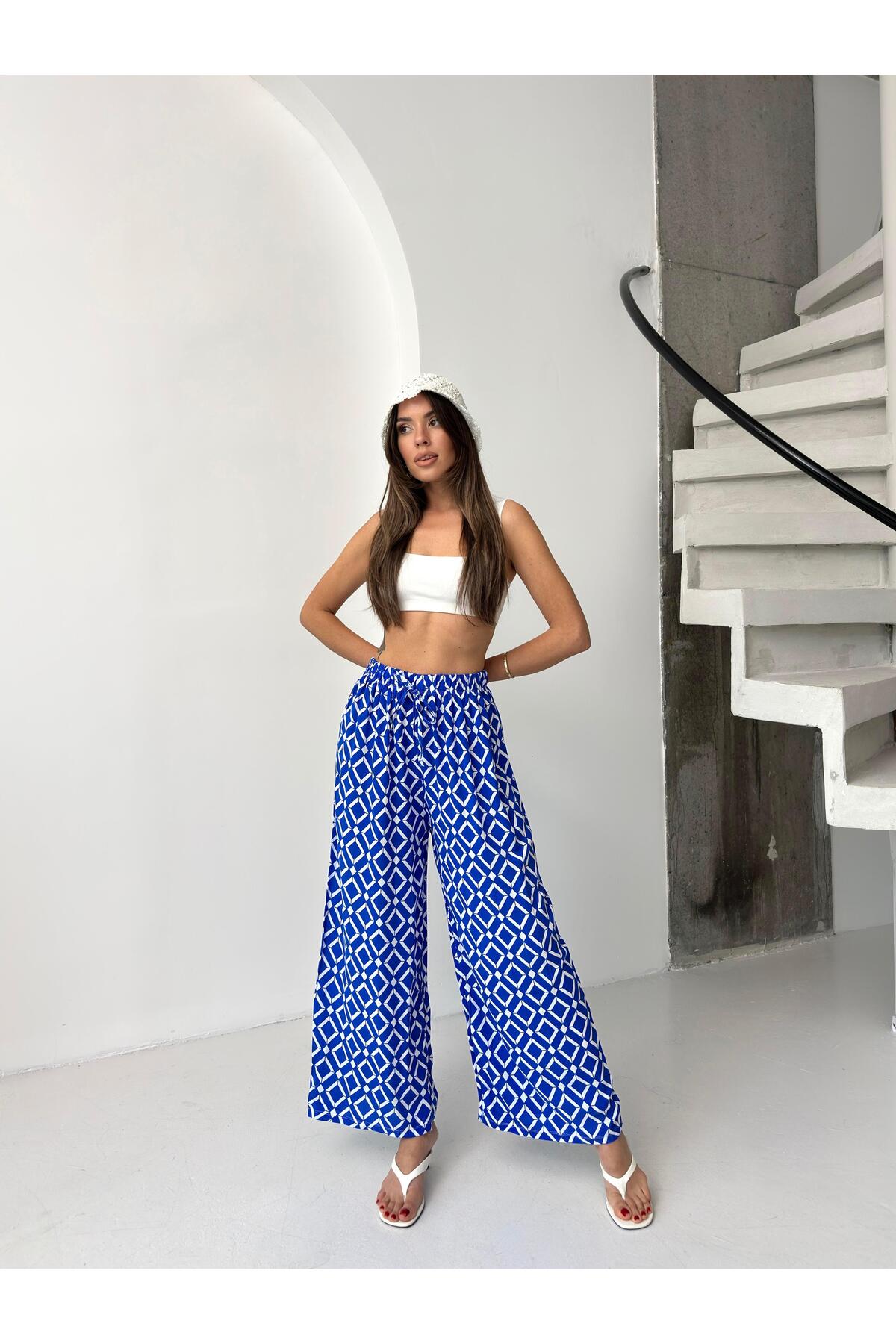 Saks Mavi Geometrik Desenli Bol Paça Pantolon