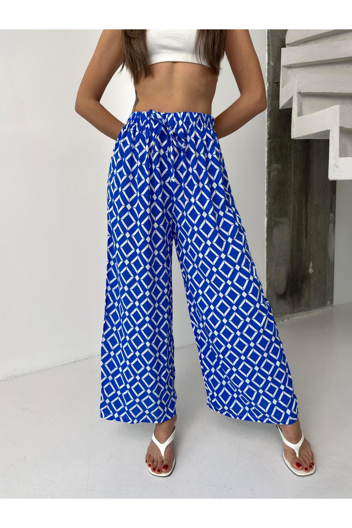 Saks Mavi Geometrik Desenli Bol Paça Pantolon
