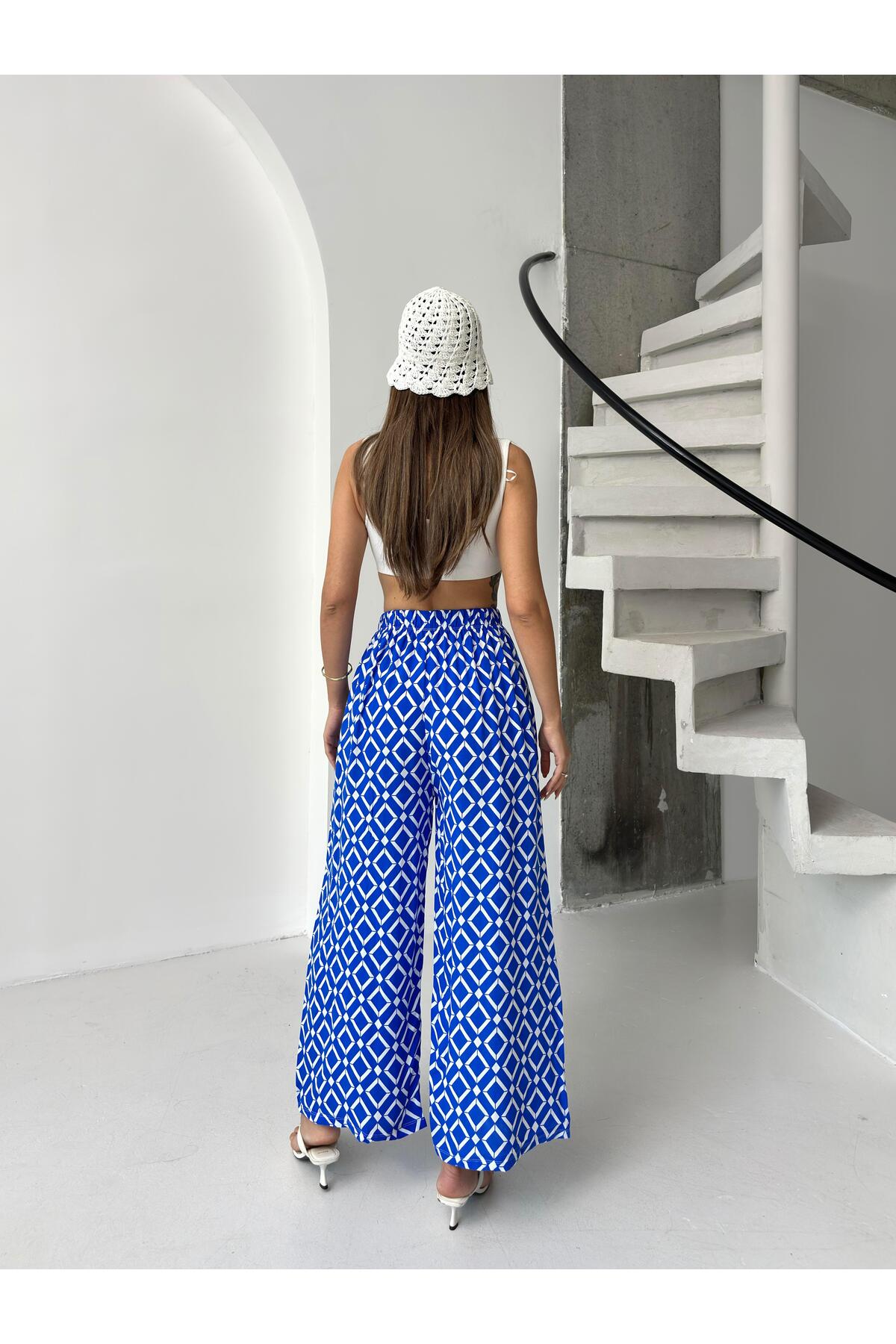 Saks Mavi Geometrik Desenli Bol Paça Pantolon
