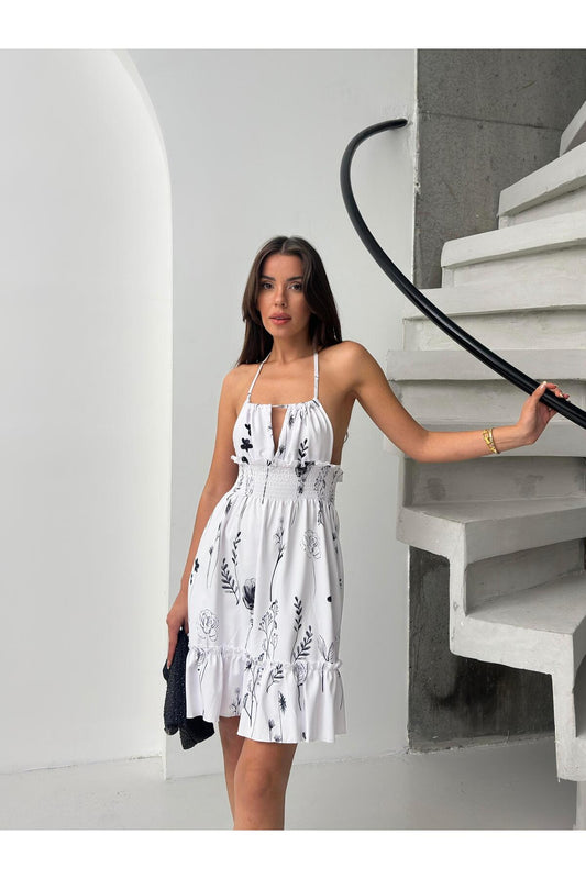 Siyah Çiçek Desenli Halter Yaka Büzgülü Mini Elbise