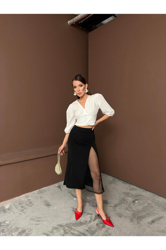 Siyah File Detaylı Yırtmaçlı Yüksek Bel Midi Etek