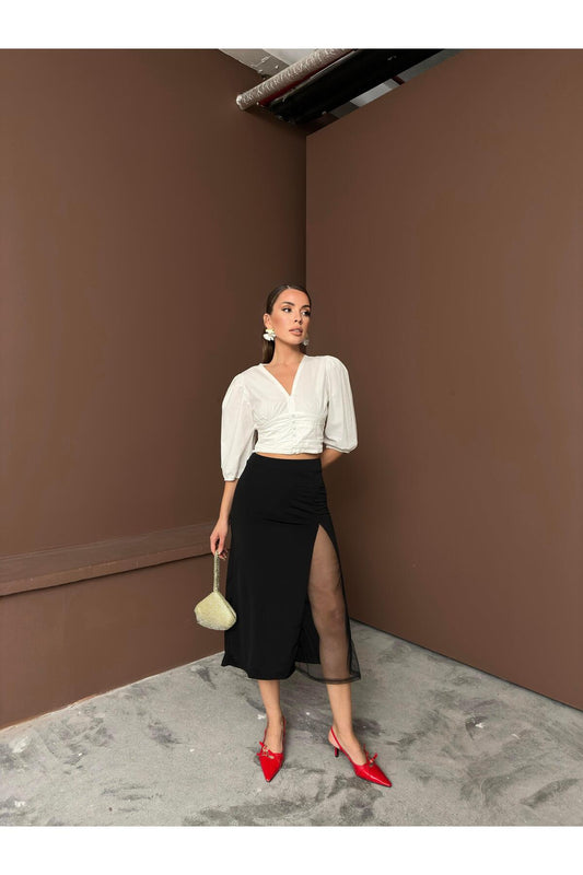 Siyah File Detaylı Yırtmaçlı Yüksek Bel Midi Etek