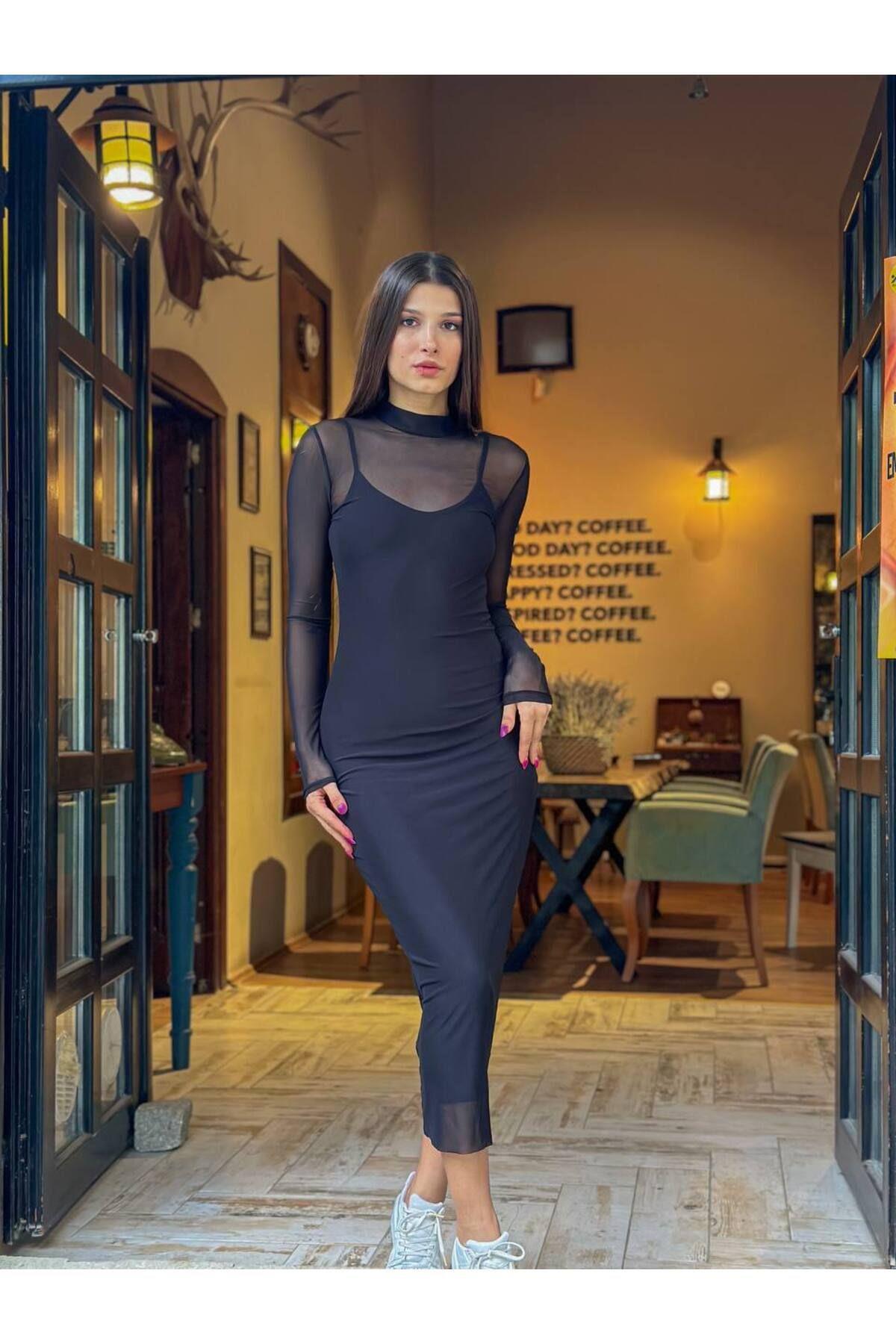 Siyah İkili Midi Boy Tül Elbise