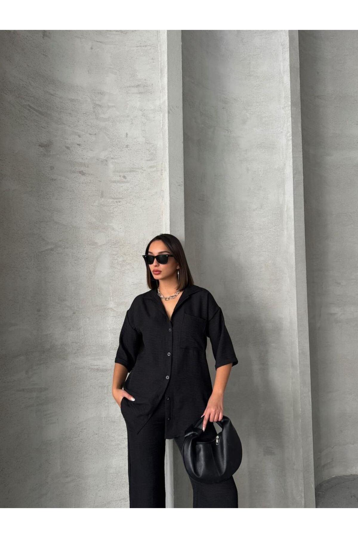 Siyah Keten Dokulu Oversize Gömlek ve Palazzo Pantolon Takım