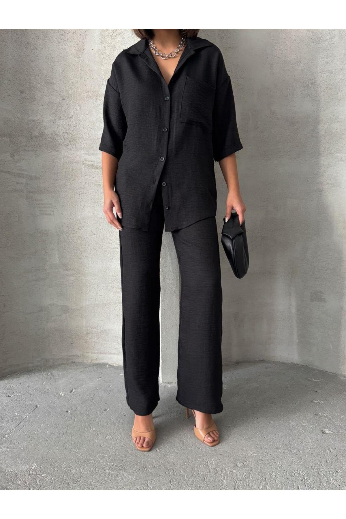 Siyah Keten Dokulu Oversize Gömlek ve Palazzo Pantolon Takım