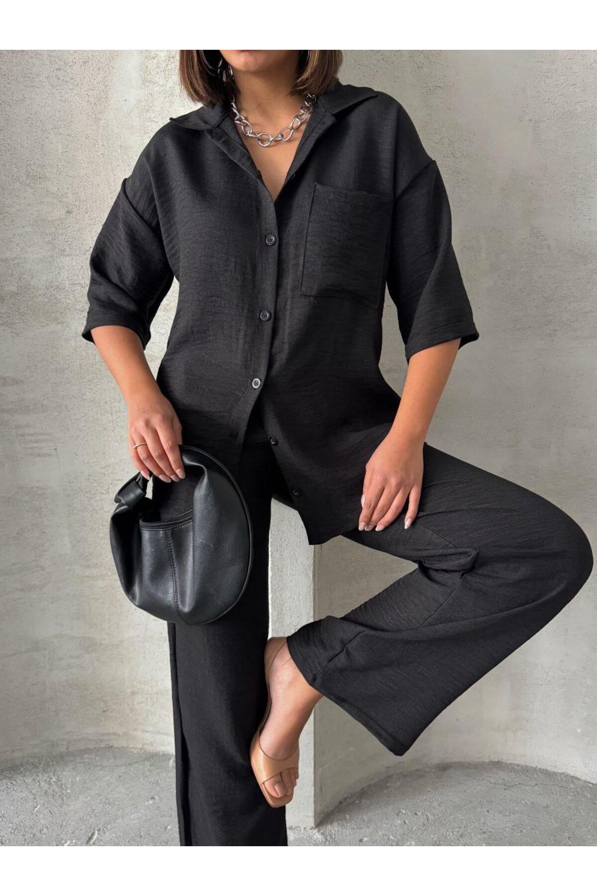 Siyah Keten Dokulu Oversize Gömlek ve Palazzo Pantolon Takım
