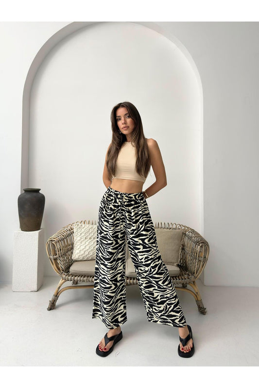 Siyah Zebra Desenli Bol Paça Pantolon