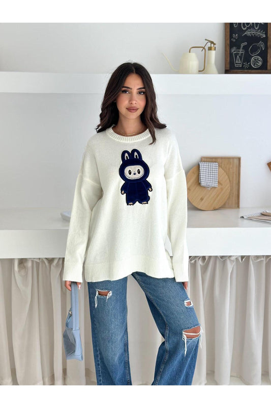 Tavşan Figürlü Oversize Bisiklet Yaka Triko Kazak