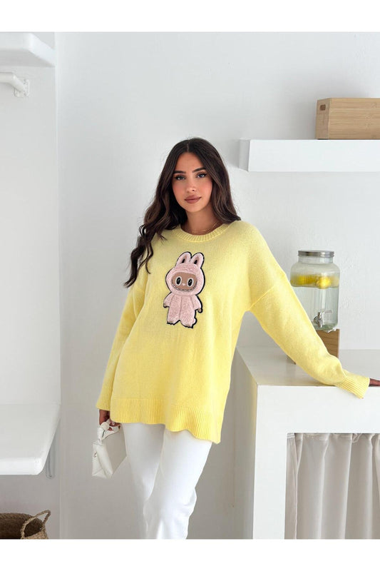 Tavşan Figürlü Oversize Bisiklet Yaka Triko Kazak