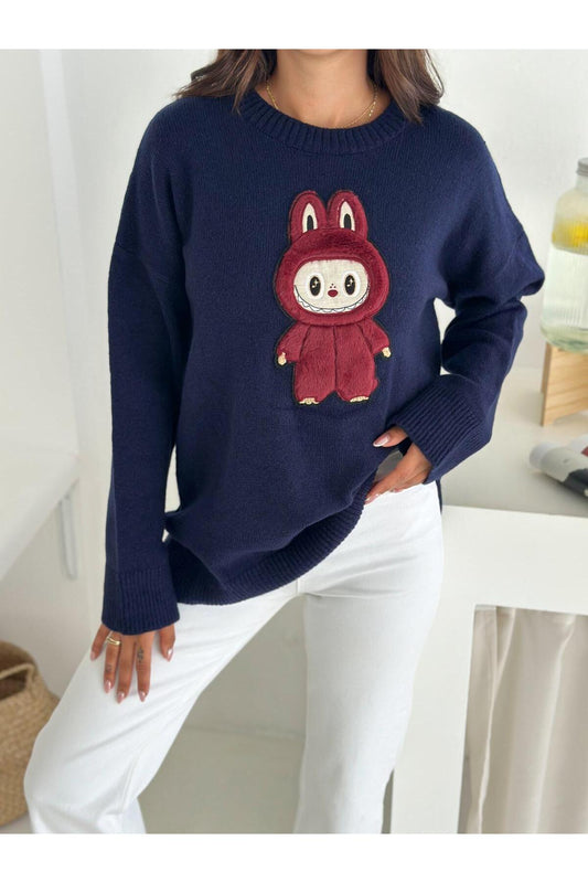 Tavşan Figürlü Oversize Bisiklet Yaka Triko Kazak