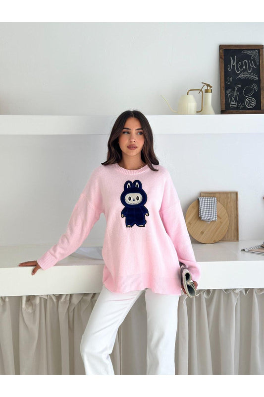 Tavşan Figürlü Oversize Bisiklet Yaka Triko Kazak
