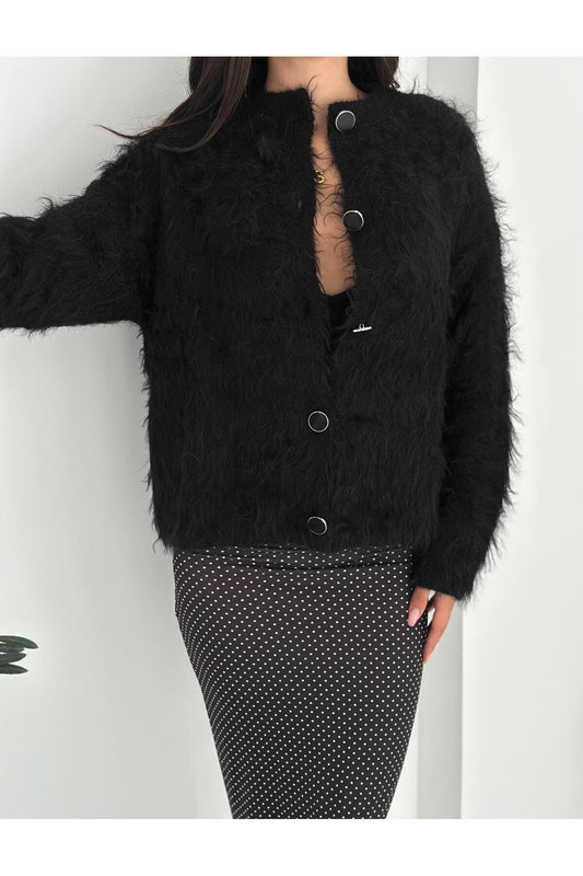 Tüylü Dokulu Bisiklet Yaka Büyük Düğmeli Triko Hırka