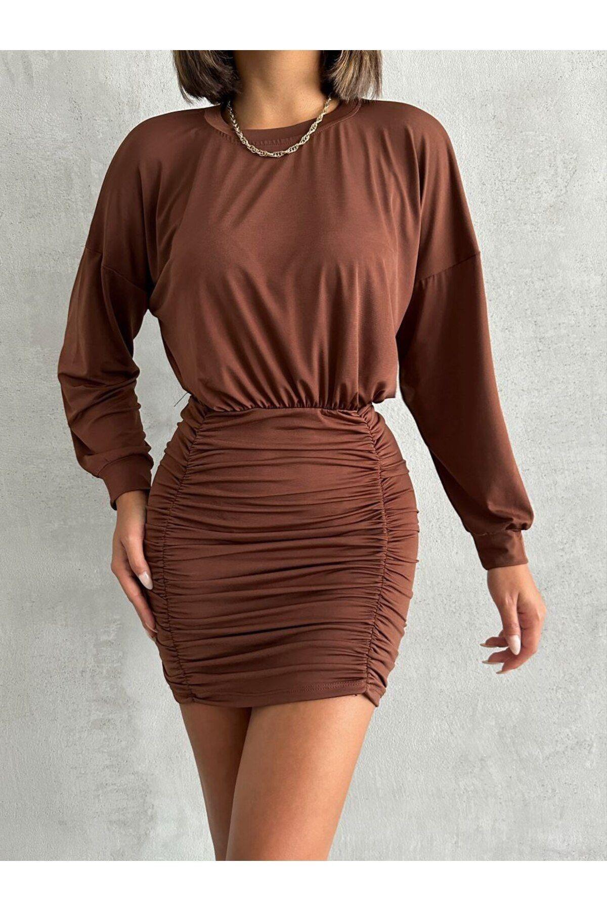 Uzun Kol Fırfırlı Mini Elbise