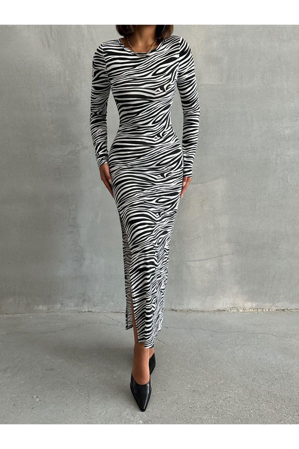 Zebra Desenli Yırtmaçlı Midi Elbise