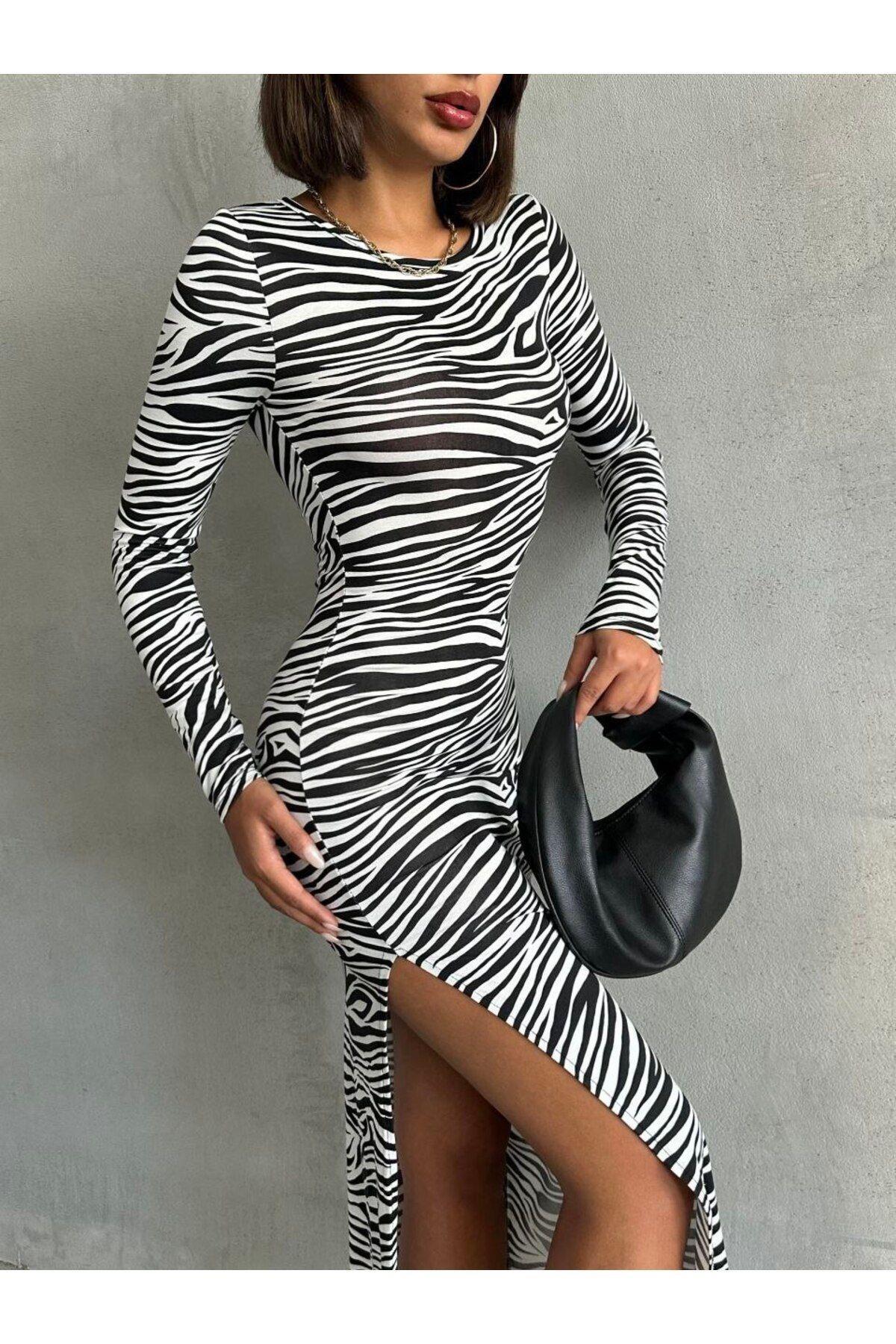 Zebra Desenli Yırtmaçlı Midi Elbise