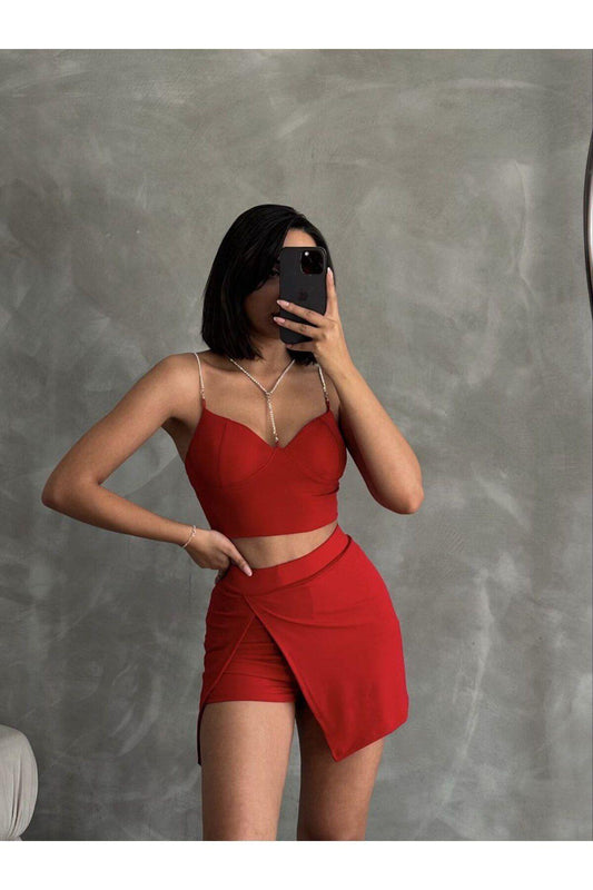 Zincir Detaylı Sandy Kumaş Şort Etek Bluz Takım